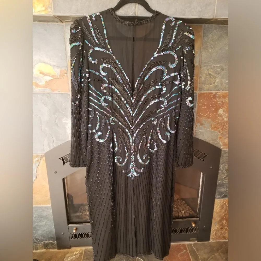 AJ Bari Beaded Silk Formal Dress With Illusion Neck and Long Sleeves Midi Length